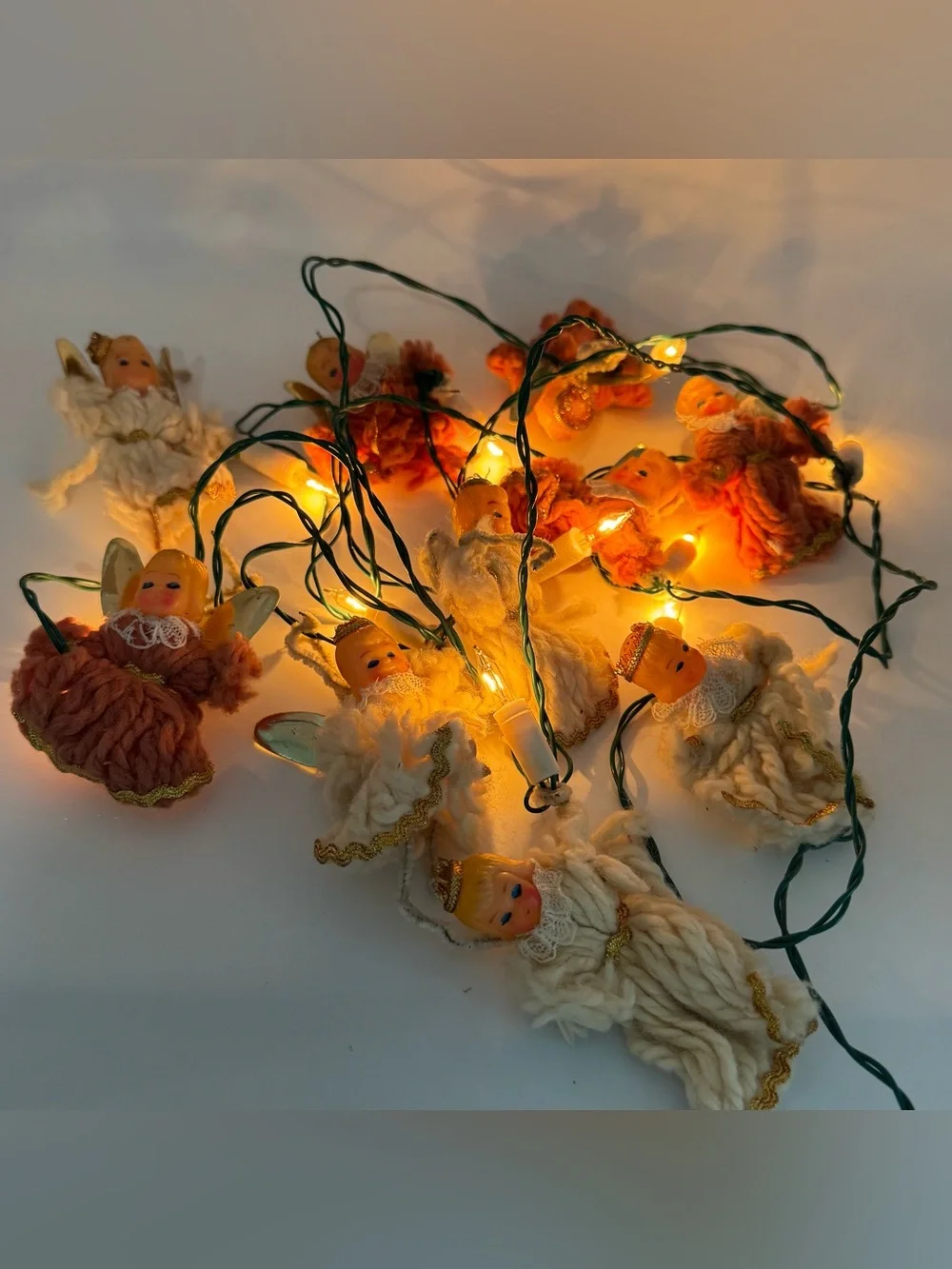 Vintage Made in Japan Angel Christmas String Lights Spun Yarn Rubber Doll Head